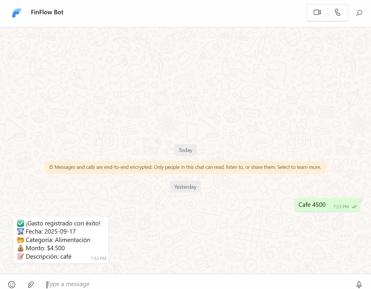 Conversación detallada de WhatsApp con FinFlow Bot mostrando registro exitoso de gasto de café por $4500 con categorización automática